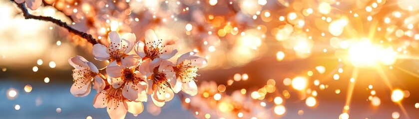 Obraz premium Delicate cherry blossoms shimmer in golden sunlight, creating a serene atmosphere of nature's beauty and tranquility.
