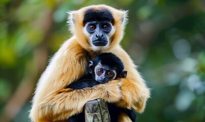 Leaf Monkeys or Dusky Langur and mother who are living in the forest, Animals with their babies in Thailand
