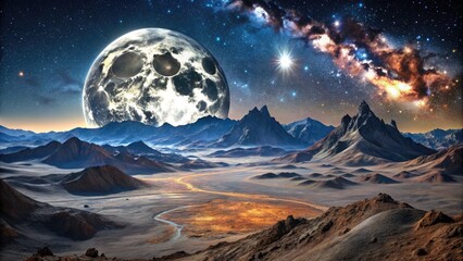 Breathtaking lunar landscape featuring a rugged, barren terrain with towering mountains, deep craters, and a vast, starry night sky illuminated by a full moon.