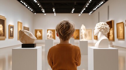 A child explores a modern art gallery, captivated by the sculptures and paintings on display.