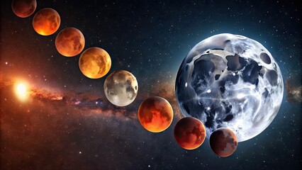 Fototapeta premium Bright moon partially shaded by Earth's silhouette, progressing through lunar eclipse phases, with subtle crater texture and celestial atmosphere in a starry night sky.