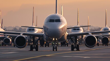 Naklejka premium A row of aircraft at an airport during sunset, showcasing the aviation industry.