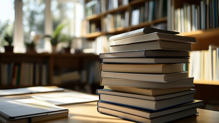 A pile of books on the table in the study room/library/classroom