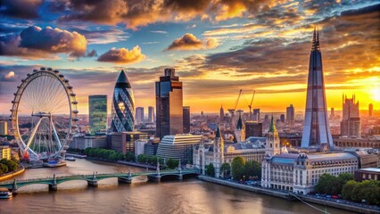 Fototapeta premium Broad panoramic view of London's majestic skyline at sunset, featuring iconic landmarks like the London Eye, Big Ben, and sleek modern architecture.