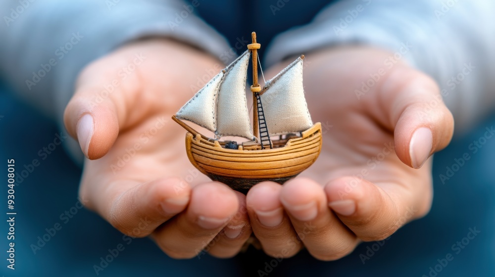 Poster A person holding a miniature boat in their hands, AI