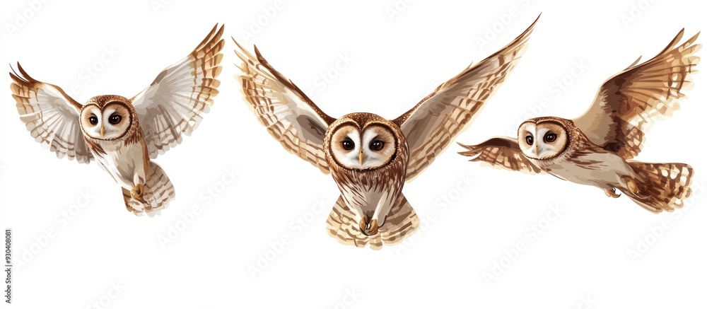 Wall mural Three Owls in Flight, Watercolor Illustration