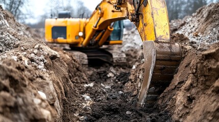 Obraz premium Excavator arm reaching deep into a trench, showcasing the depth and reach of heavy digging equipment.