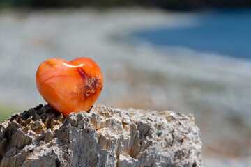 A close up image of a red heart shaped carnelian crystal on rough driftwood with an ocean...