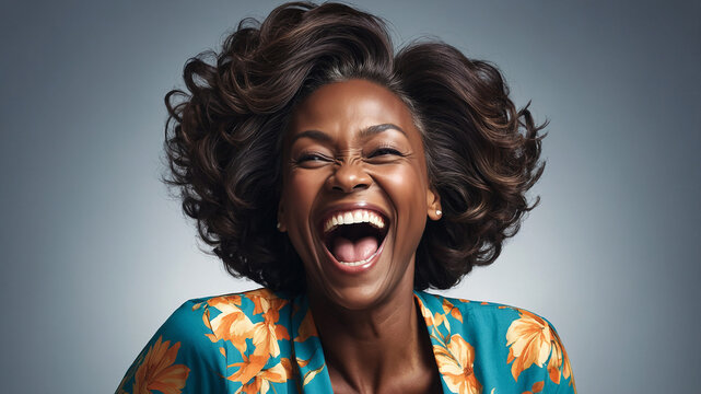 dark-skinned woman laughs, excited about going through menopause.