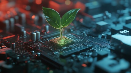 A Green Plant Sprouting from a Computer Motherboard