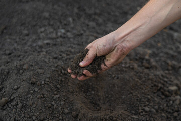 a man holds soil in his hands close-up. Selective focus