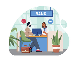 Man with banking services. Young guy consults with bank employee. Businessman communicates with clerk. Entrepreneur and manager in bank. Flat vector illustration isolated on white background