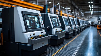 Obraz premium Factory floor with rows of CNC machines, emphasizing the scale and technology in modern manufacturing.