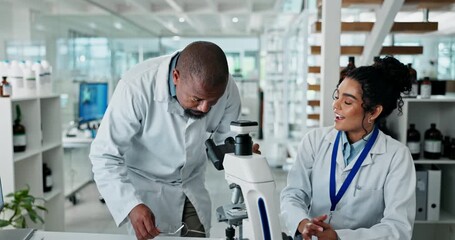 Teamwork, scientist and microscope for research, medical and healthcare with dna in laboratory. Computer, specialist people and genome editing for Alzheimer, clinic trail and biotech teamwork