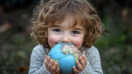 Fototapeta premium A child holding a globe in their hands, symbolizing hope and care for the future of the world.
