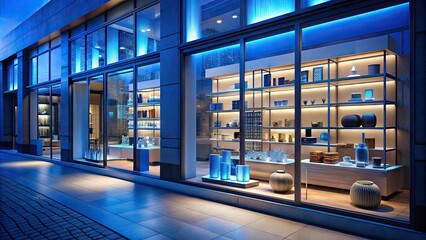 calm atmosphere in a modern retail store with blue illuminated shelves featuring various products and attractive window displays in the evening.