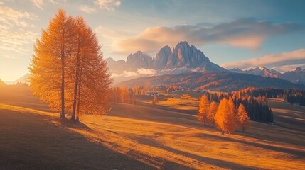 Obraz premium Colorful autumn view of Alpe di Siusi ski resort with beautiful orange larch trees. Majestic sunrise in Dolomite Alps, Ortisei locattion, Italy, Europe. Beauty of countryside concept background , ai