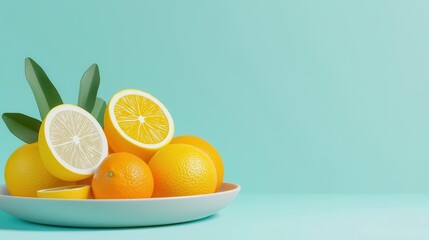Naklejka premium Organic citrus fruits, lemons and oranges in a bowl, 3D illustration
