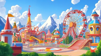 Colorful Amusement Park with Ferris Wheel and Roller Coaster in a Mountainous Landscape.