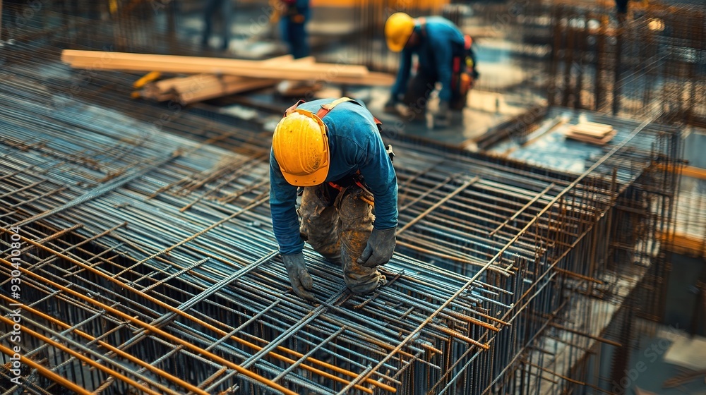 Poster a busy construction site with workers installing rebar and preparing to pour concrete
