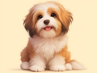 a cute happy reddish havanese puppy dog sitting isolated on white background.
