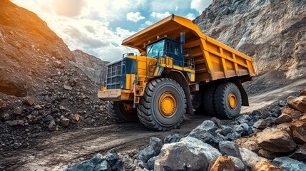Heavy machinery loading rocks into a dump truck, focusing on the scale and efficiency of quarrying operations.