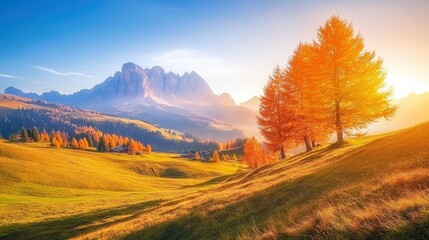 Fototapeta premium Colorful autumn view of Alpe di Siusi ski resort with beautiful orange larch trees. Majestic sunrise in Dolomite Alps, Ortisei locattion, Italy, Europe. Beauty of countryside concept background , ai