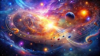 Obraz premium Celestial music notes and swirling galaxies merge in a vibrant, cosmic dance, symbolizing the harmony and unity of the universe and its mysterious rhythms.