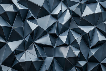 Fototapeta premium Abstract geometric pattern with metallic triangles creating a 3D effect. The sharp angles and reflective surfaces convey a modern, futuristic aesthetic. Ideal for technology or design themes.