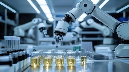 High-tech rootic arms working in a pharmaceutical la, representing automation in drug manufacturing.