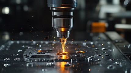 Industrial CNC machine drilling holes into a metal plate, showcasing the precision and power in metalworking.