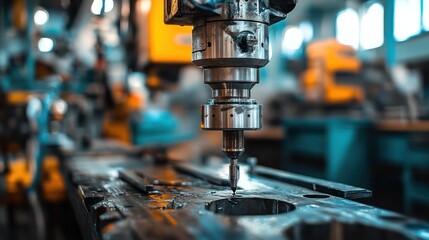 Industrial drill press in a workshop, ready to ore through metal, emphasizing strength and accuracy.