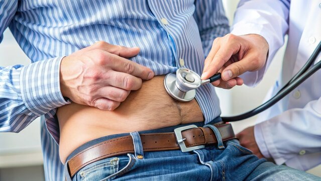Close-up of a doctor's hands examining a patient's abdomen, palpating the bulge, to diagnose an inguinal or umbilical hernia, with a stethoscope nearby.