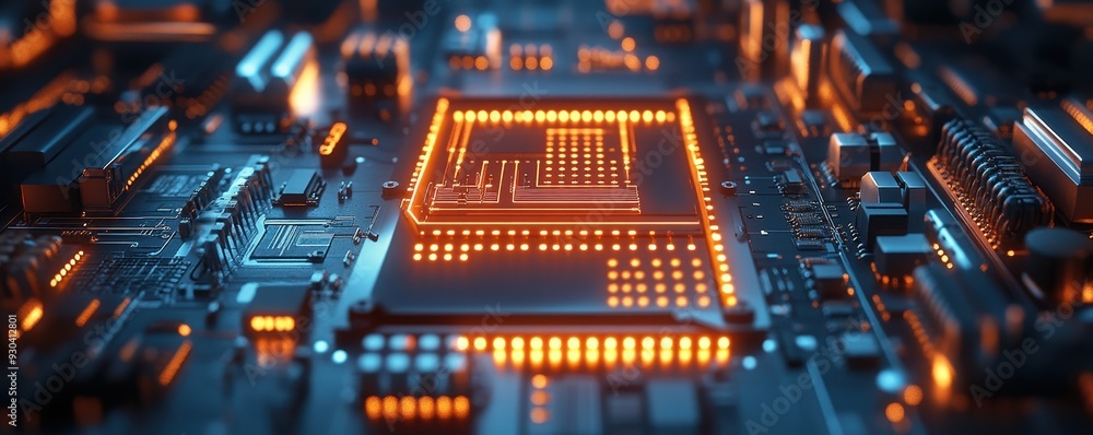 Poster image of a quantum computer processing complex data, focus on glowing circuits and detailed componen
