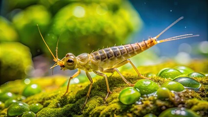 Close-up of a freshwater mayfly larva, also known as a nymph, perched on a slimy green rock in a serene aquatic ecosystem.