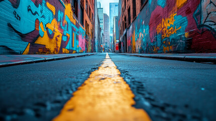 A vibrant urban alleyway with colorful graffiti on walls, showcasing yellow line down center of wet street, evoking sense of creativity and urban life.