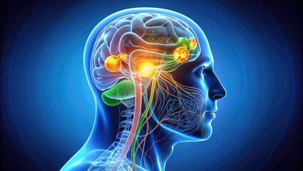 3D illustration of the human brain showcasing the hypothalamus and pituitary gland, highlighting their complex neural connections and functions in regulating body systems.