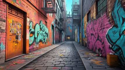 Naklejka premium A vibrant urban alleyway filled with colorful graffiti, showcasing sense of creativity and street art culture. scene evokes feeling of exploration and artistic expression.