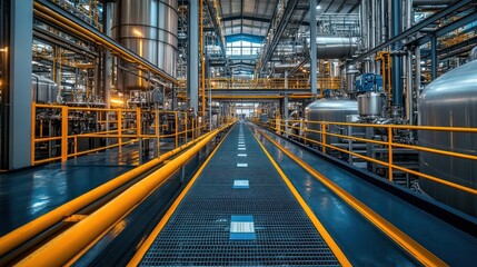 Obraz premium Industrial piping running through a manufacturing plant, highlighting the integration of piping in production processes.