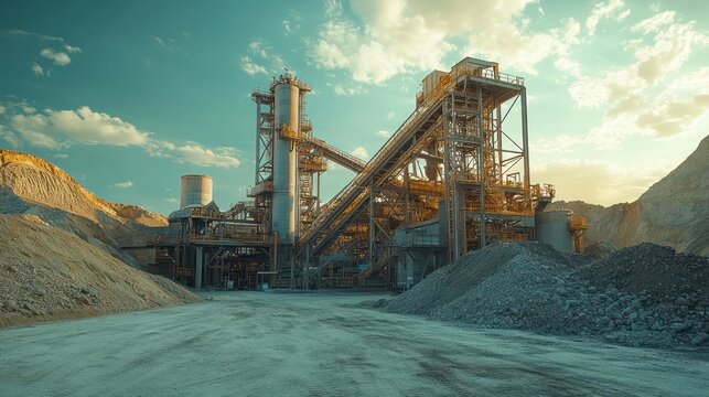Industrial plant processing extracted minerals, with conveyor elts and large machinery, representing the next step in mining.