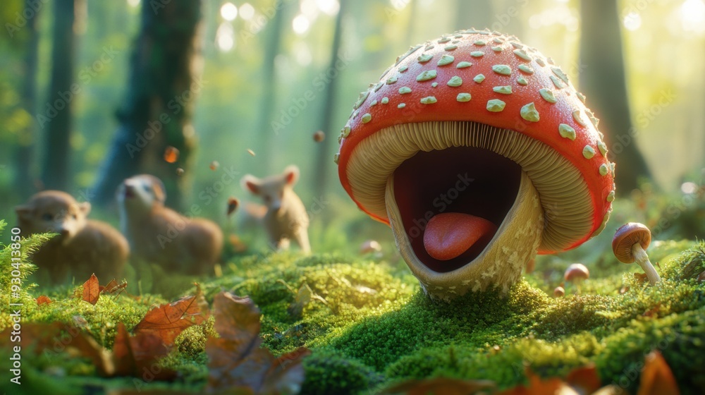 Canvas Prints a mushroom with a tongue sticking out of it in the woods, ai