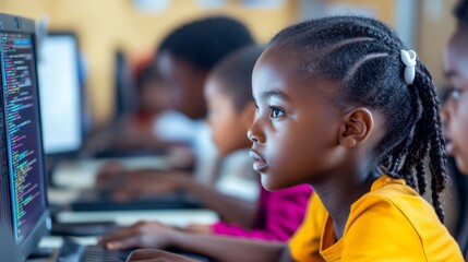 A classroom full of children engaged in a coding workshop, learning skills for the future.