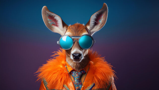 ciervo joven vestido con traje de fiesta naranja, con plumas y gafas retrofuturistas sobre fondo de tono azul