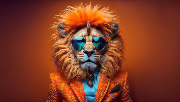 león con plumas naranjas vestido con traje naranja y gafas azules sobre fondo de color naranja