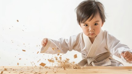 Determined Young Karateka Breaking Wooden Board - Concept of Strength, Discipline, and Martial Arts