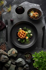 Gourmet Waffle with Egg, Greens, and Sauce on Black Plate.
