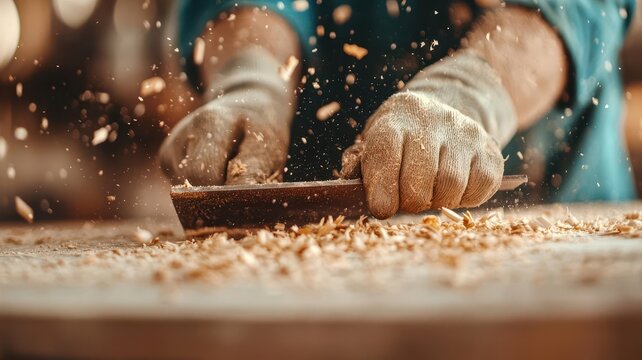 Close-up of a carpenter smoothing a piece of wood with a plane, wood shavings and dust in the air, photo realistic, dedicated craftsmanship