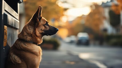 Loyal dog sitting patiently beside a mail carrier in uniform, soft afternoon light, photo realistic, trustworthy service animal