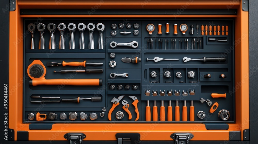 Wall mural industrial tool chest filled with various tools, representing organization and readiness in industri