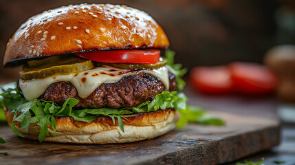 hamburger on a wooden table